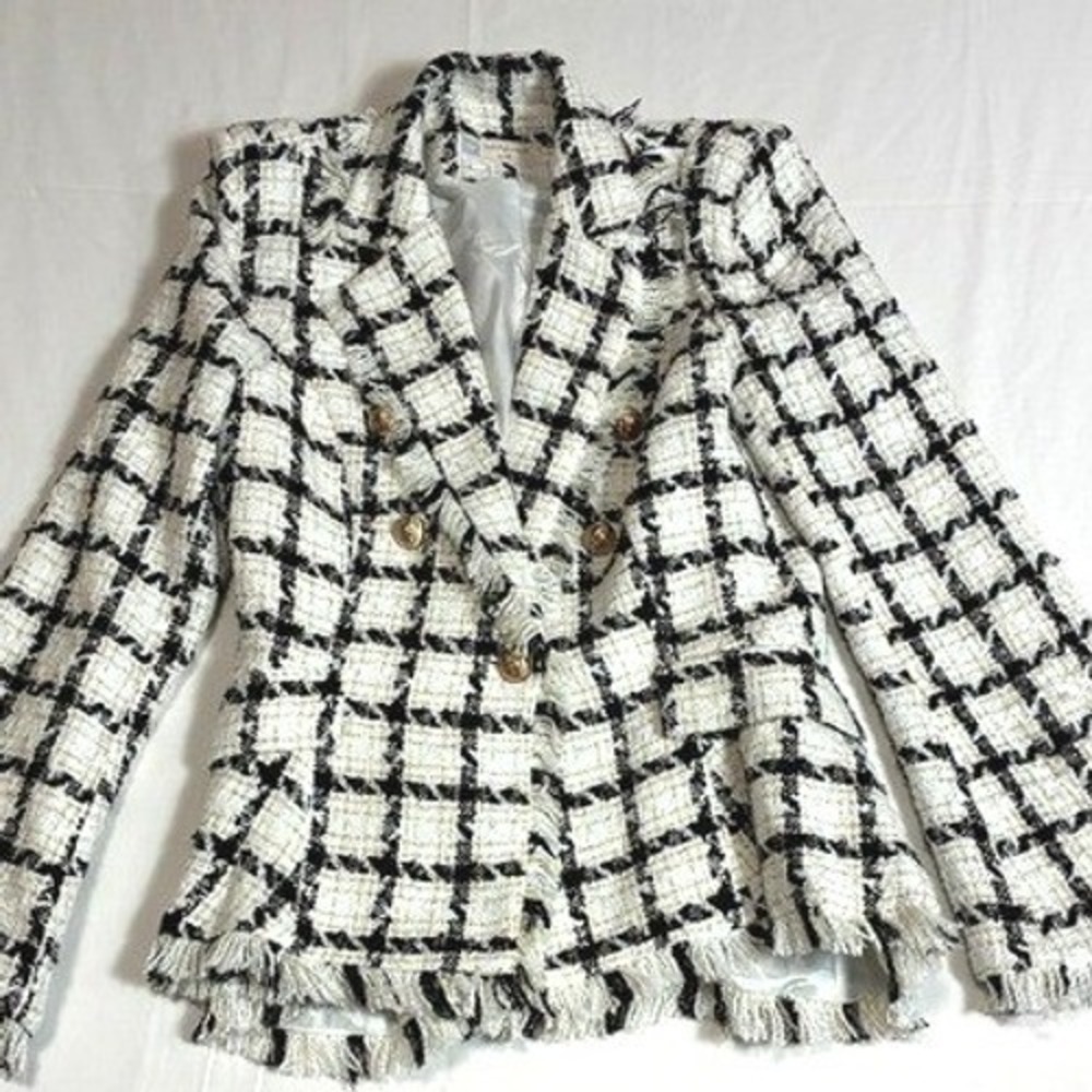 Tweed Plaid Double Breasted Blazer Gold Button Fringe Trim Black White Metallic